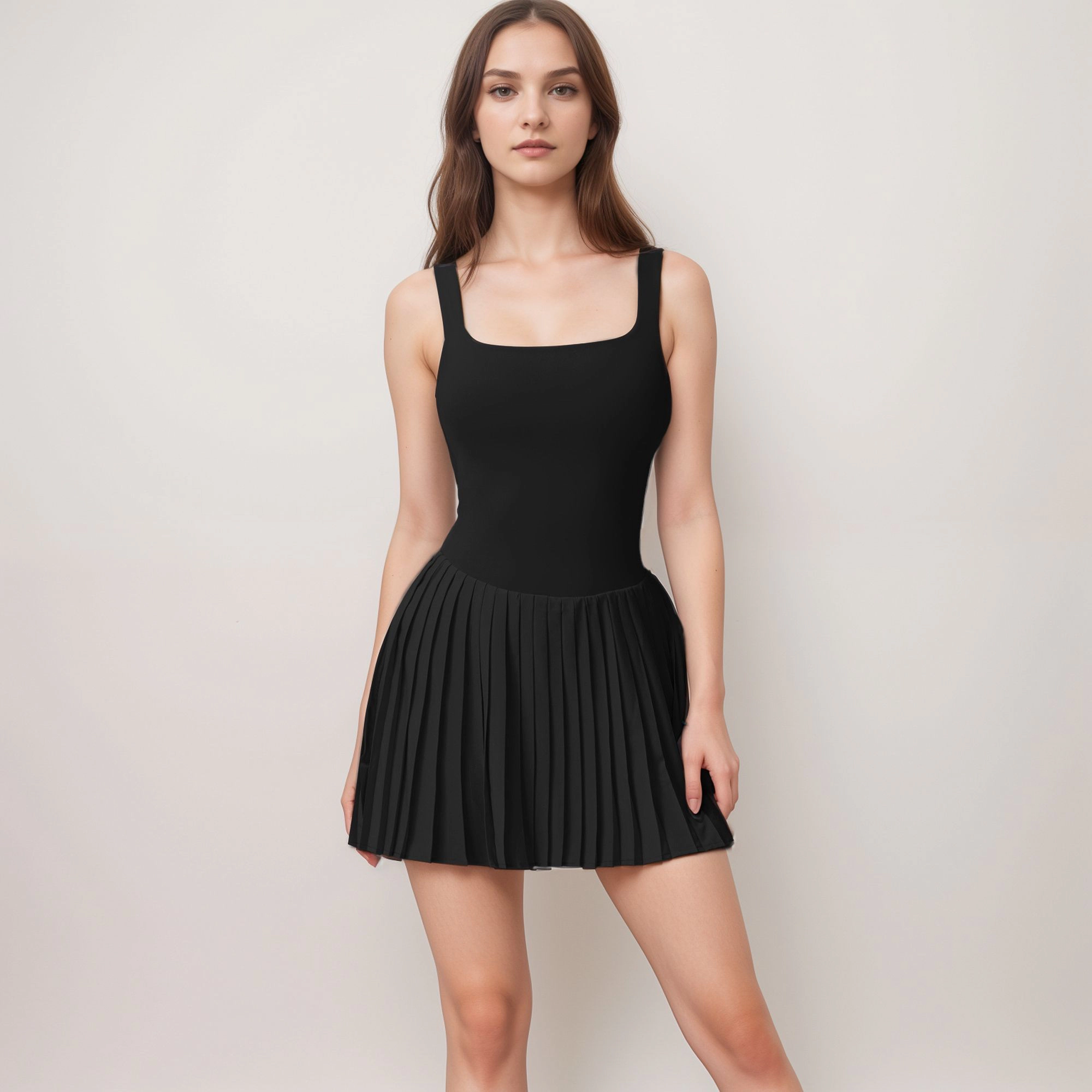 Anna-Kaci Women's Sleeveless Built Shorts Pleated Wrap Skirt Stretch Fabric Side Pocket Athletic Dress