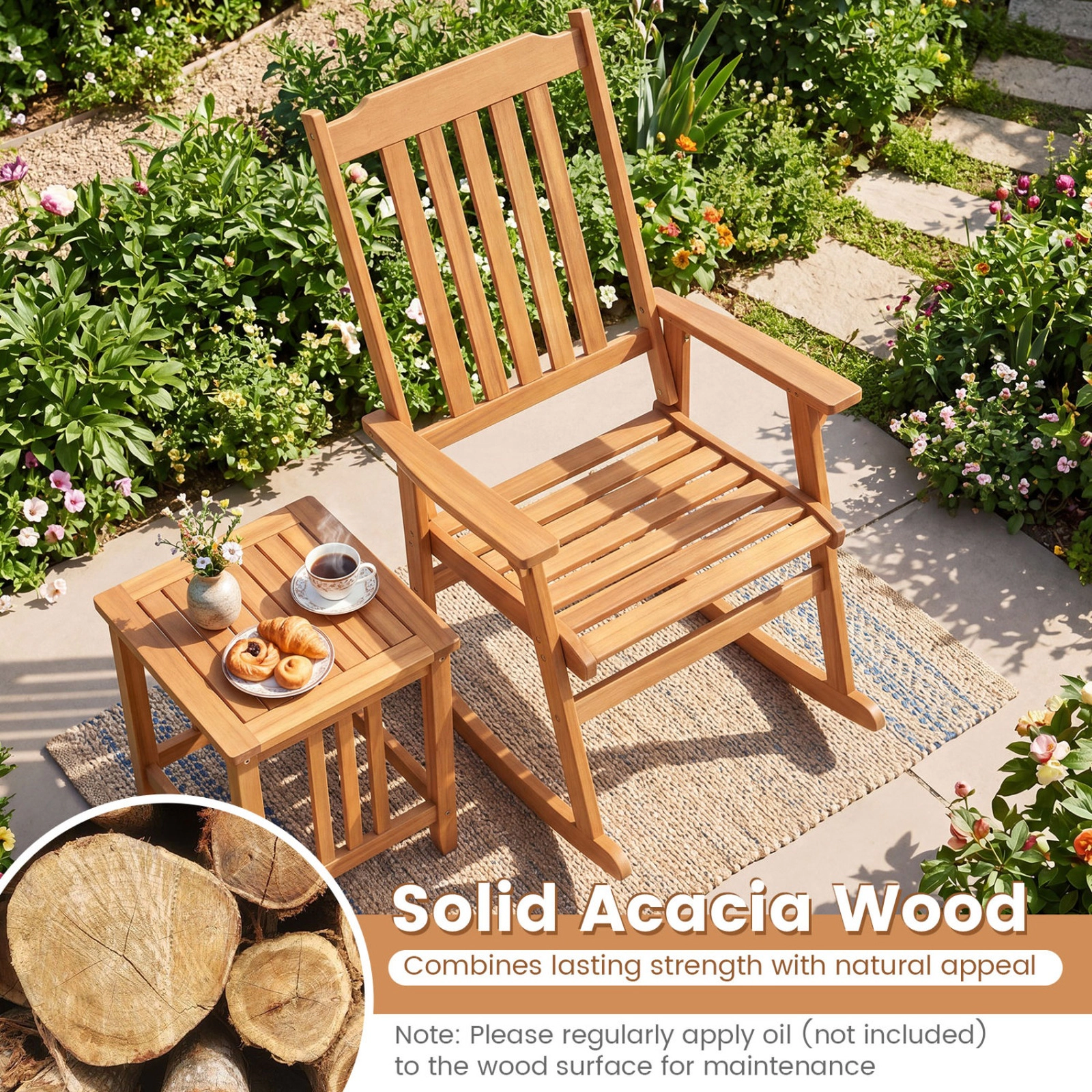 SUGIFT Acacia Wood Oversized Rocking Chair with High Back and Armrests 400-Lb Capacity Natural