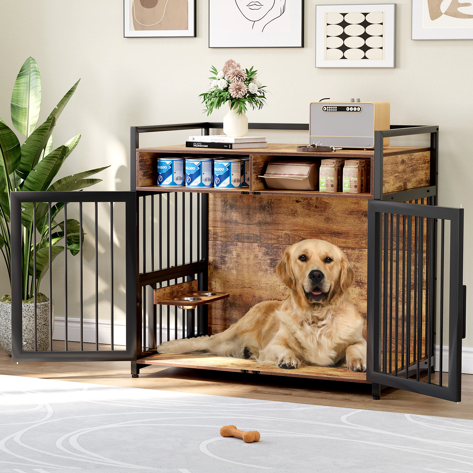 41" Large Dog Crate Furniture with 2 Storage Shelves & 360° Adjustable Feeder, Heavy Duty End Table for Medium Dogs