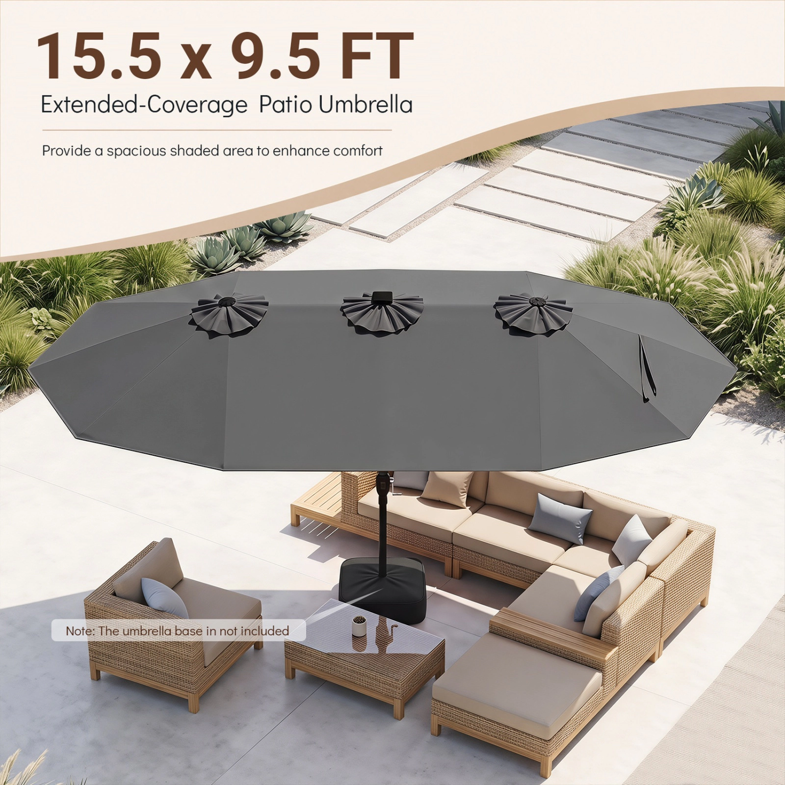 SUGIFT 15.5-ft Gray Rectangular Solar LED Patio Umbrella, 12 Reinforced Ribs, Crank Lift