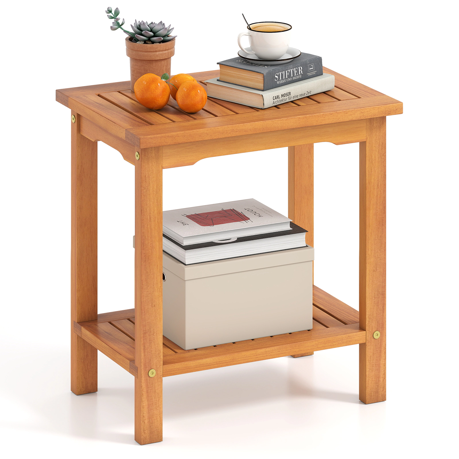 SUGIFT 19.5 in Outdoor Side Table Acacia Wood 2-Tier with Slatted Top and Storage Shelf