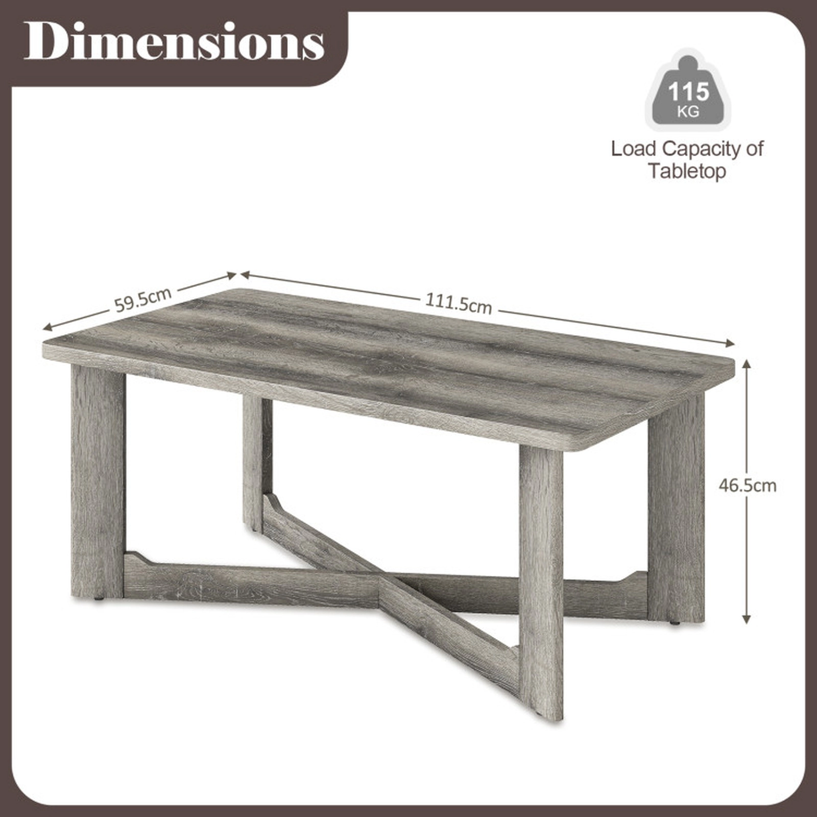 SUGIFT 4-in Thick Legs X-Shaped Solid Rubber Wood Base Coffee Table 44-in x 23.5-in x 18.5-in 250-lb Capacity Gray