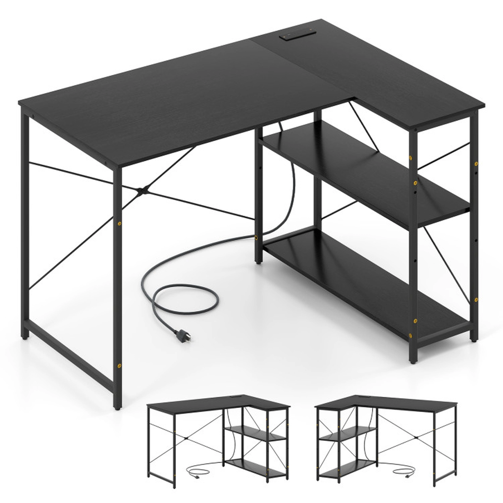 SUGIFT Reversible Storage Shelves Power Outlets L-Shaped Corner Desk 47-in x 34-in x 29-in 240-lb Capacity Black