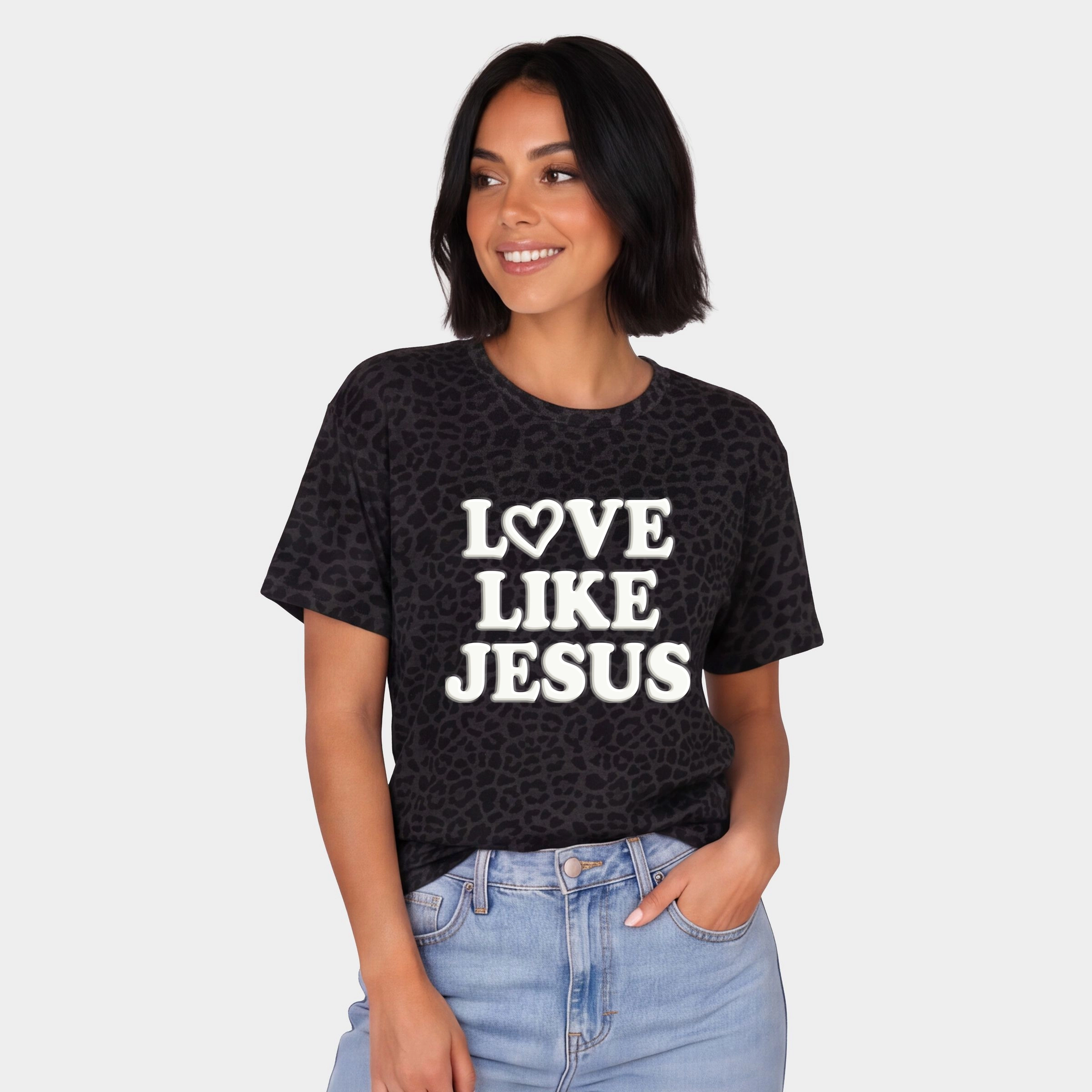 Simply Sage Market - Women's Leopard Print Tee Love Like Jesus Heart Bold Puff