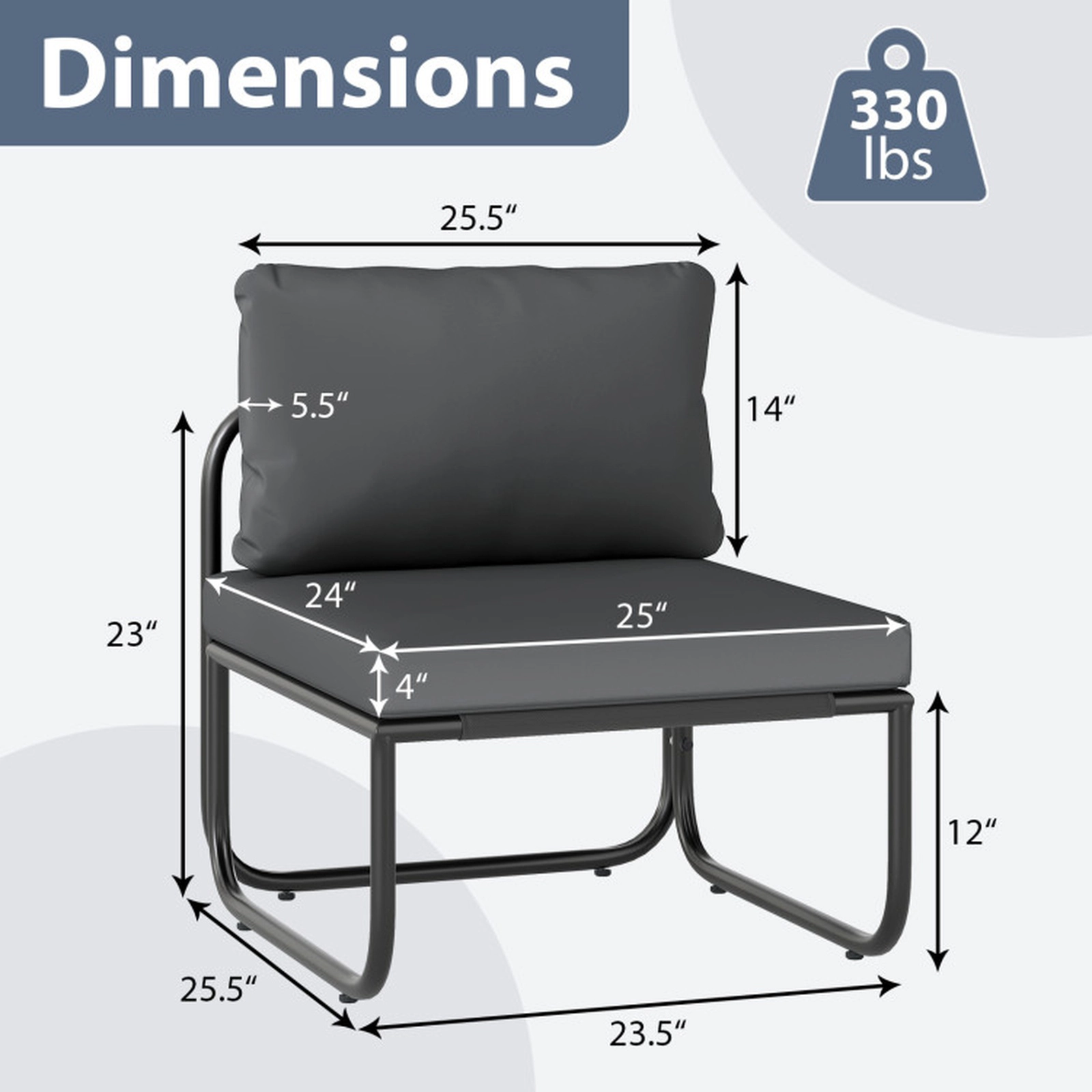 SUGIFT Set of 2 Grey Metal Outdoor Balcony Lounge Chairs with Washable Removable Cushions