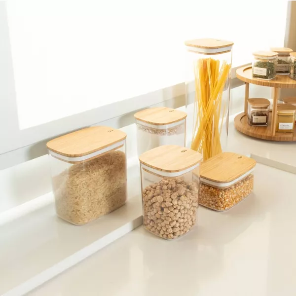 OU Airtight Food Storage Container Set 16pc, Clear Plastic Container w/ Leak Proof Bamboo Lid Stackable Pantry Organizer