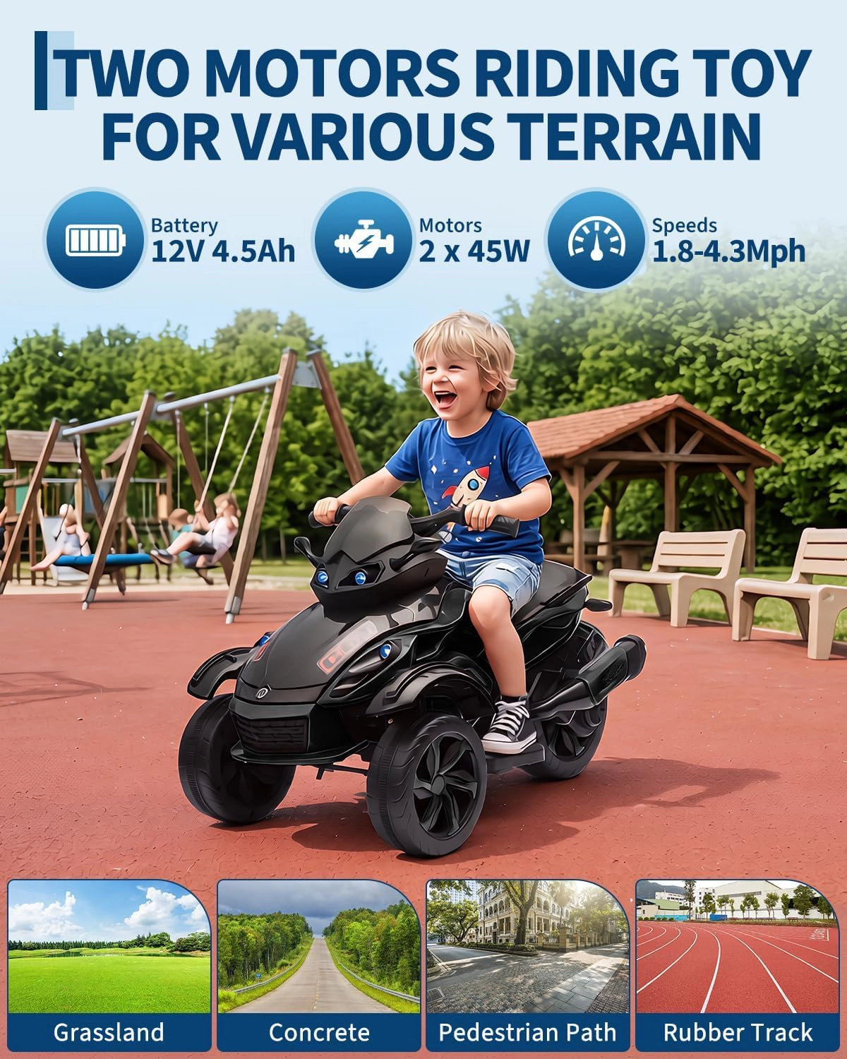 12V Kids Ride-On ATV, 3-Wheeler Electric Motorcycle, LED Lights, Music, Treaded Tires, 66Lbs, Ages 3-8, Boys Girls