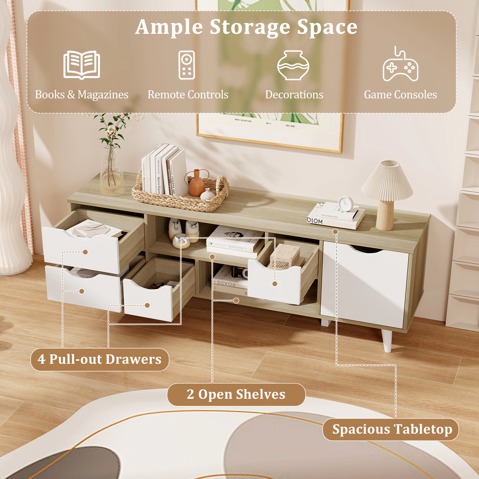 SUGIFT Oak TV Stand for TVs Up to 55 in, Media Console with 4 Drawers and 2 Open Shelves