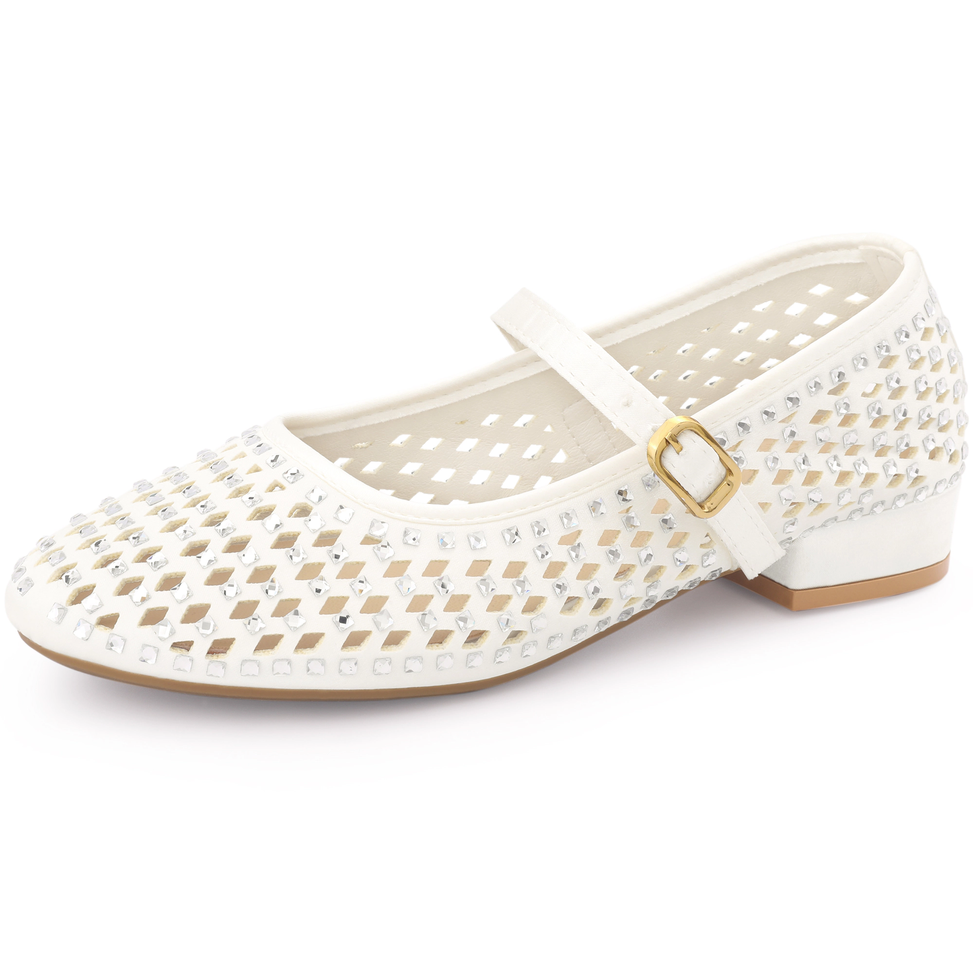 BLISSFUL STEP Women Satin Rhinestone Round Toe Low Block Heels Slip On Pumps