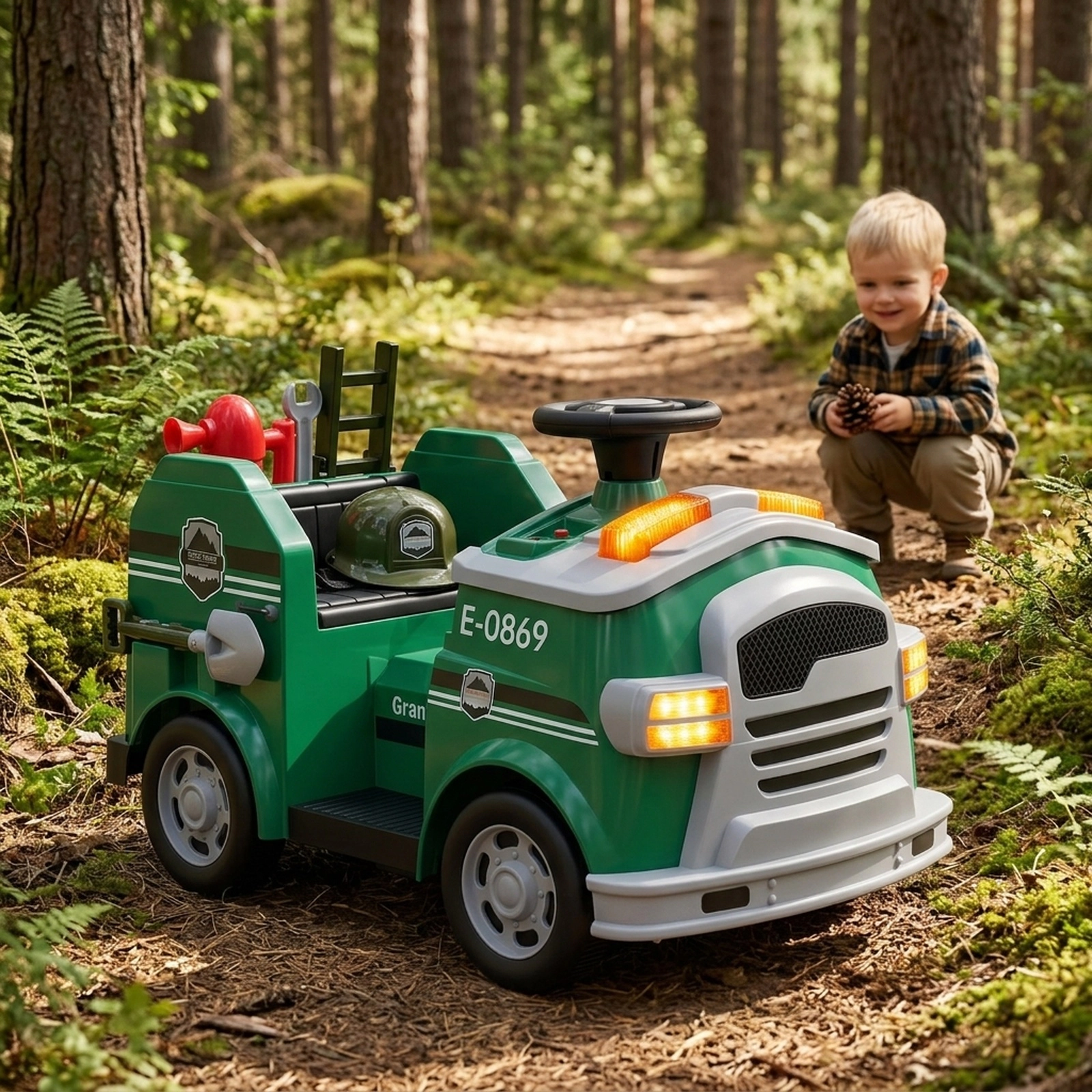 12V Kids Ride On Fire Truck with Toy Extinguisher Shovel Wrench Ladder and Alarm Horn for Ages 37-95 Months Electric Car