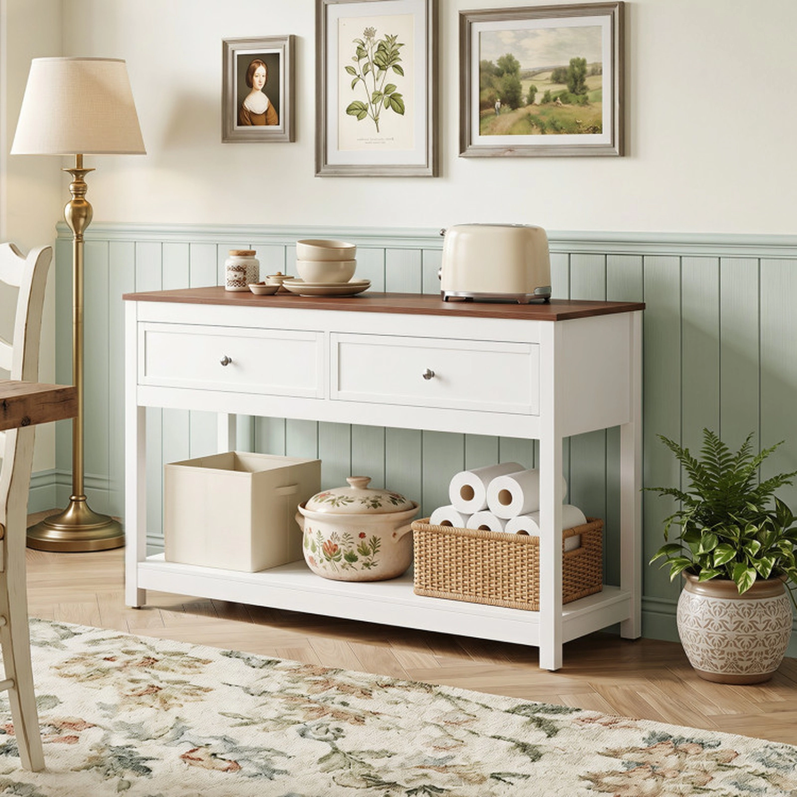 SUGIFT 2 Drawers Open Shelf Brown Wood Grain Top Console Table 47-in x 15.5-in x 29.5-in 165-lb Capacity White