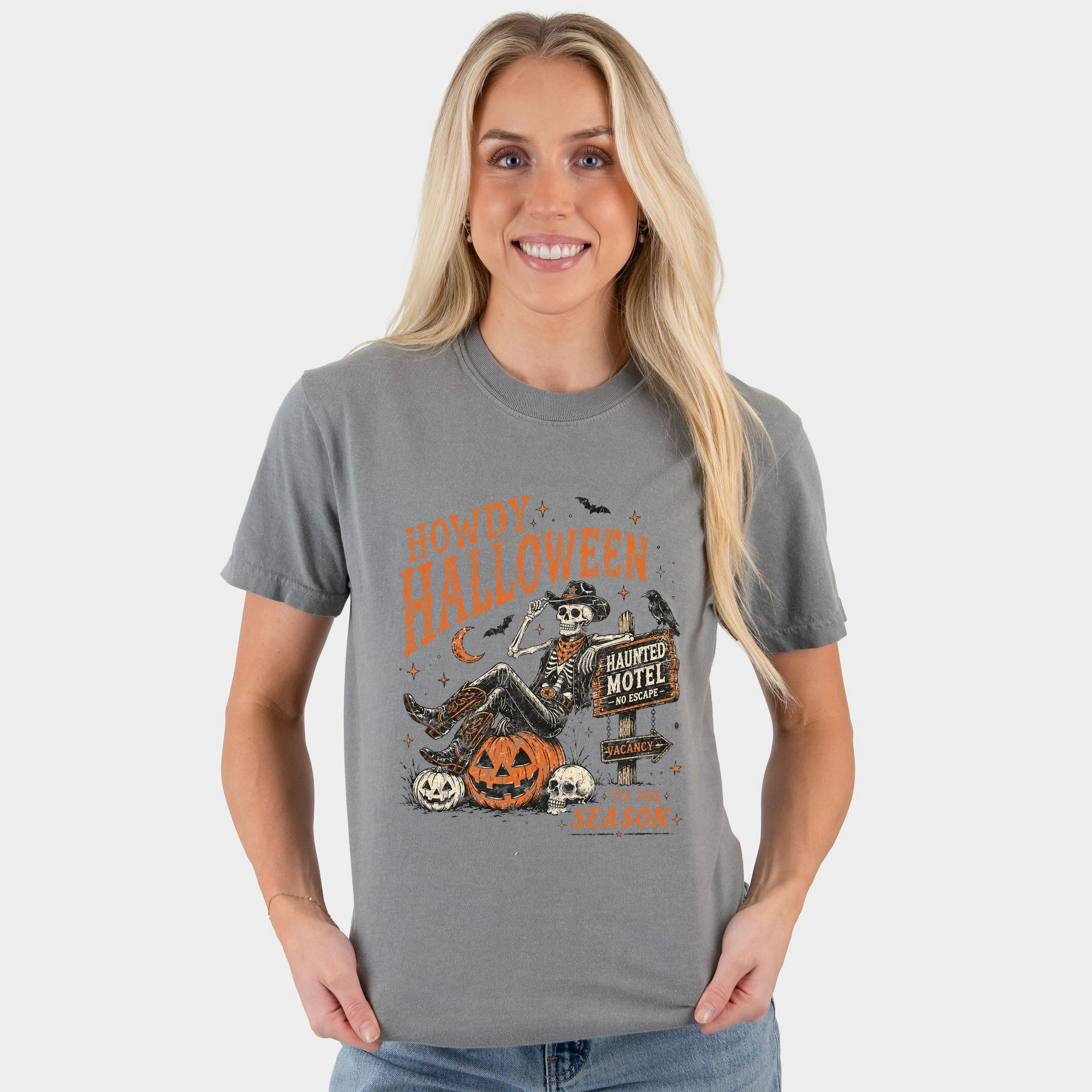 Simply Sage Market - Women's Garment Dyed Graphic T-Shirt Howdy Halloween Skeleton