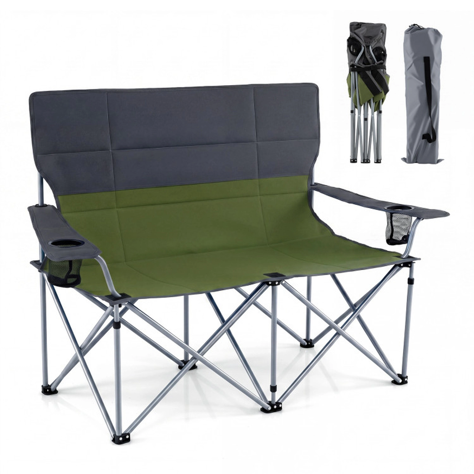 SUGIFT Folding Double Camping Chair with X-Shaped Metal Frame 660-lb Capacity Green with Carry Bag and Cup Holders