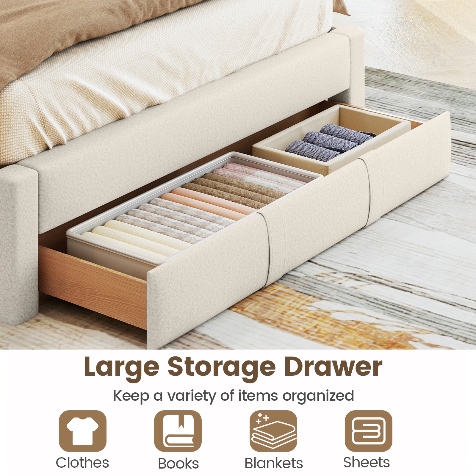 SUGIFT Upholstered Queen Bed Frame with Storage Drawer and Vertical Channel Headboard 800-lb Capacity Beige