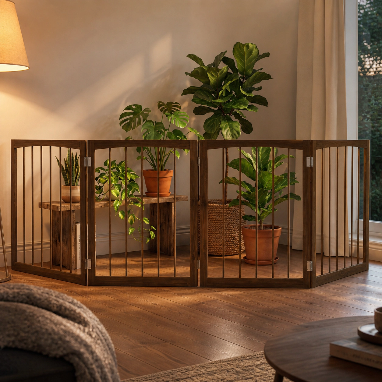 SUGIFT 4-Panel 83-in Wooden Freestanding Foldable Dog Gate Pet Fence and Indoor Room Divider for Puppies
