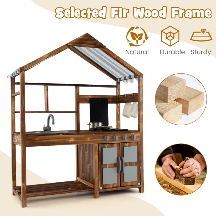 Hivvago Kid's Mud Kitchen Outdoor Solid Wood Mud Kitchen with Canopy
