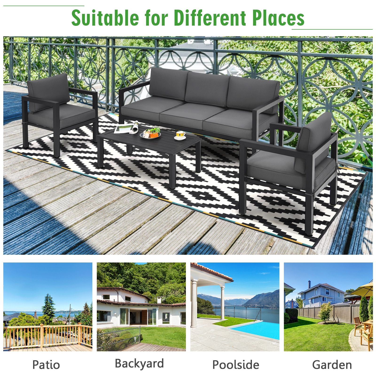 SUGIFT Gray 3-Seat Sofa 2 Chairs and Table 4-Piece Outdoor Aluminum Sofa Set