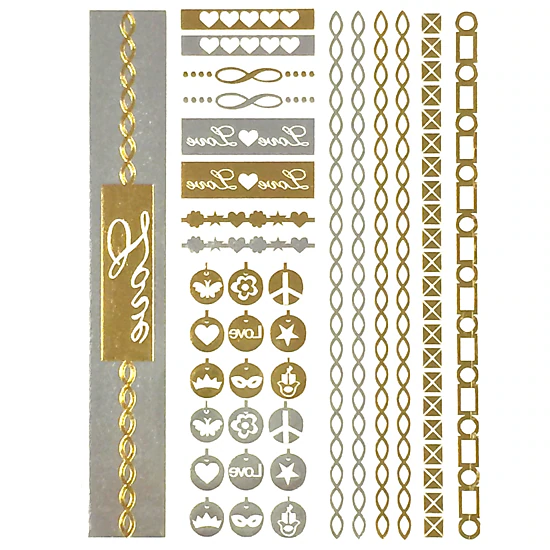 Wrapables Celebrity Inspired Temporary Tattoos in Metallic Gold Silver and Black, Chains and Charms, Large