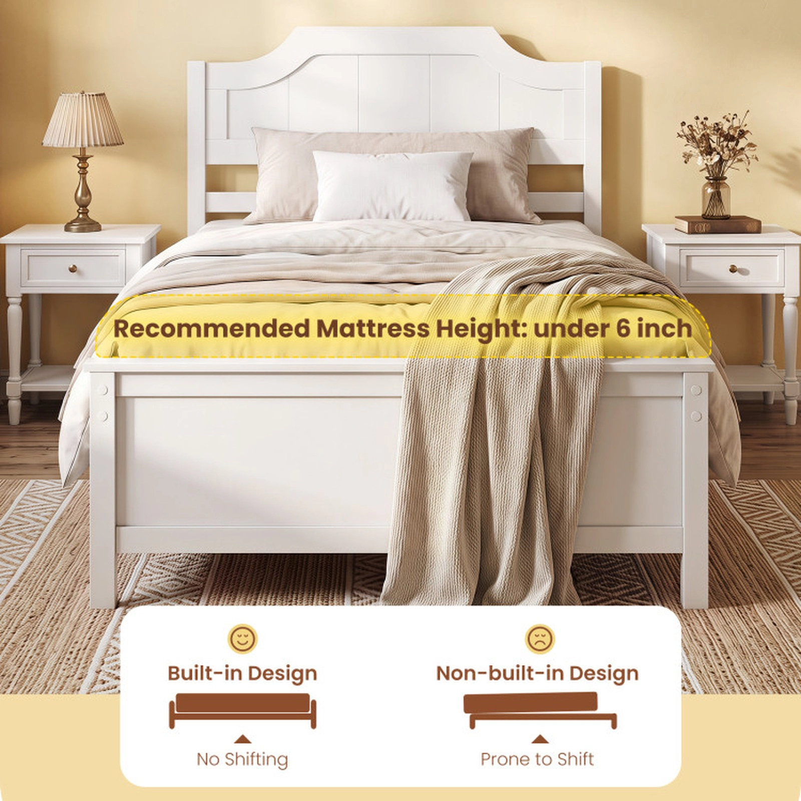 SUGIFT Twin Size Solid Pine Wood Panel Headboard Platform Bed Frame 79.5-in x 43-in x 39-in 350-lb Capacity White