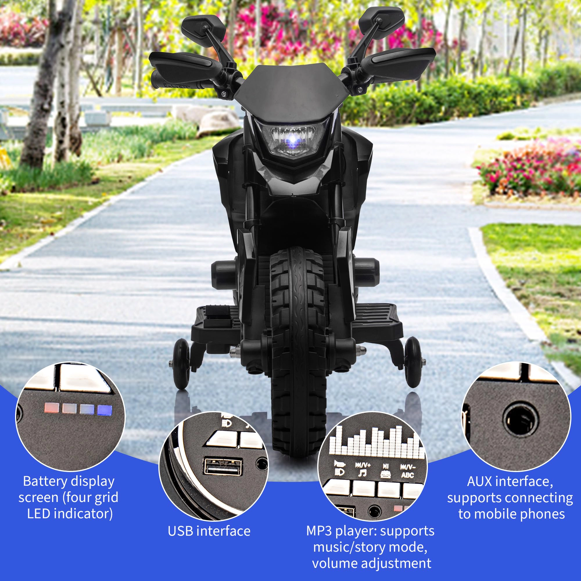 Enjyam 6v Electric Dirt Bike, Kids Ride on Motorcycle with Traning Wheels, 2-5 MPH, Headlight & Music