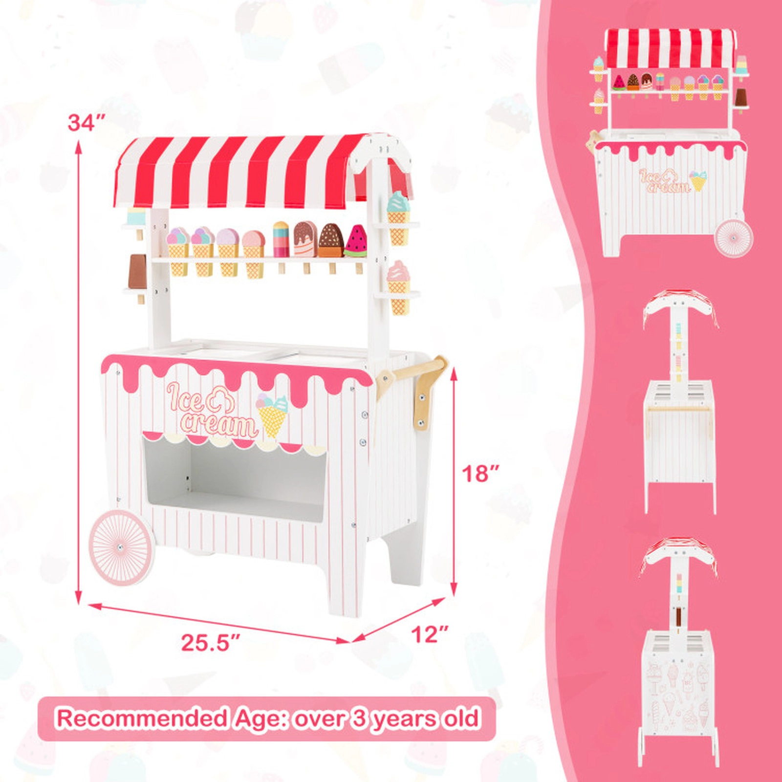 SUGIFT Kids Ice Cream Cart Playset with Display Rack and 12-Piece Accessories 34-in Tall Ages 3+ Blue Pink/Red
