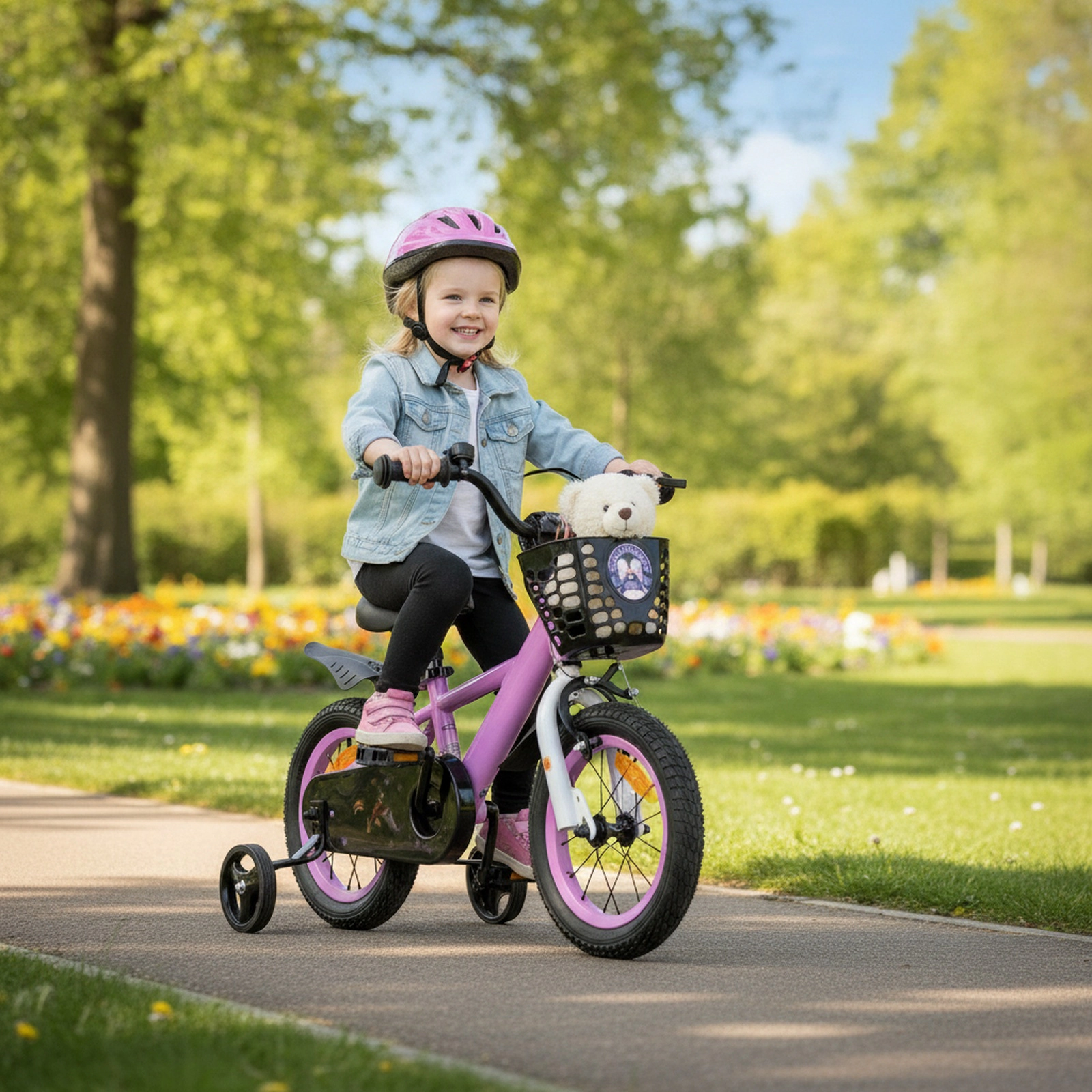 12-in Kids Bike Front Basket Fenders Removable Training Wheels and Adjustable Handlebar and Saddle Ages 3-4 Purple