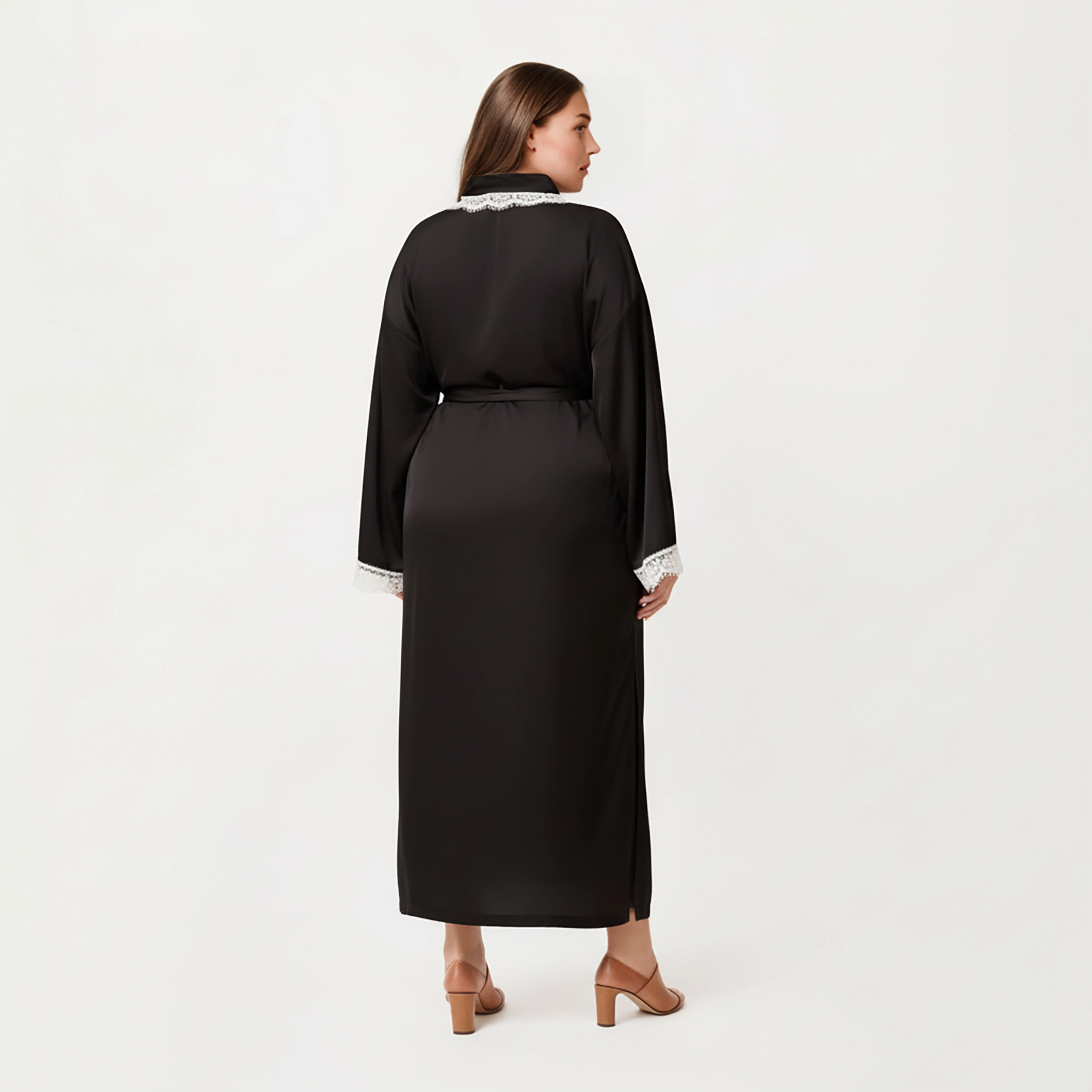 Anna-Kaci Women's Plus Long Robe Lace Trim on Collar and Cuffs Featuring Soft Flowing Fabric Adjustable Belt