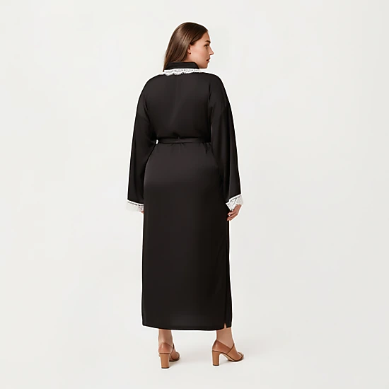 Anna-Kaci Women's Plus Size Long Robe Lace Trim on Collar and Cuffs Featuring Soft Flowing Fabric and Adjustable Belt