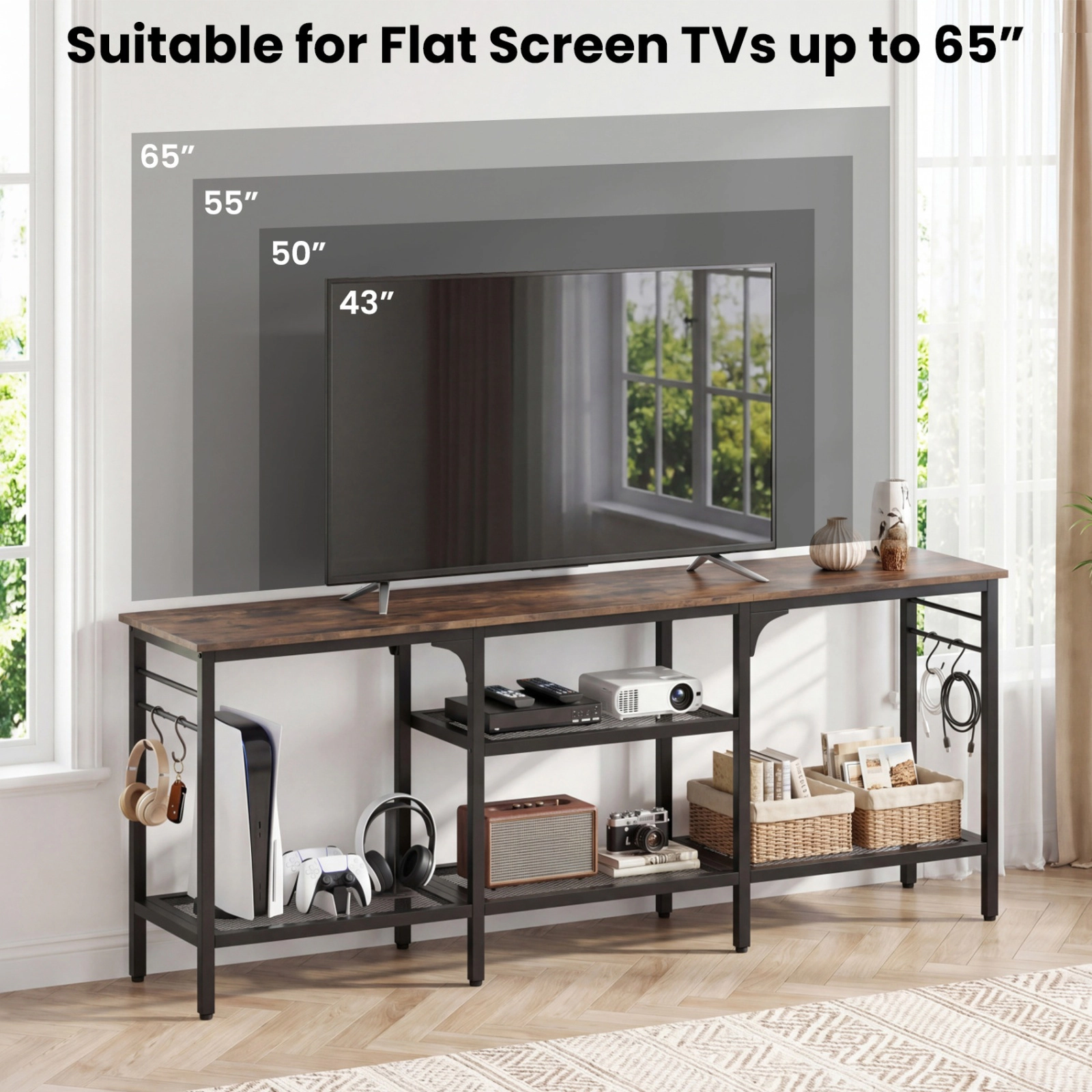 SUGIFT 55 in TV Stand Rustic Brown and Black with 3-Tier Mesh Shelves and 4 Hooks