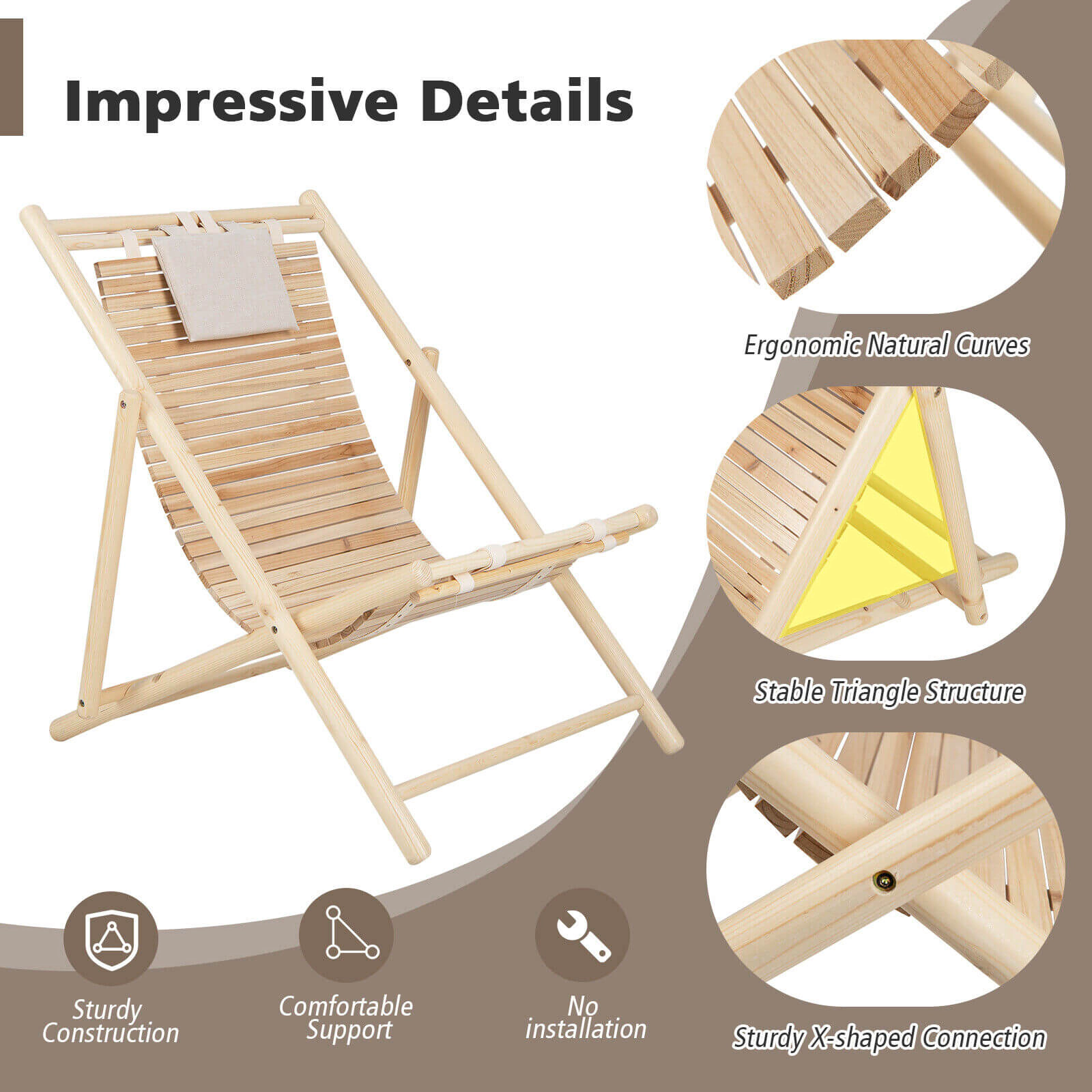 SUGIFT Padded Headrest 330-lb Natural Solid Fir Wood Folding Lounge Chair 3-Level Backrest