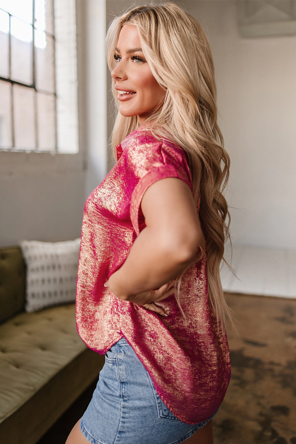 Threaded Pear Women's Amoura Metallic Sheen Buttoned Top