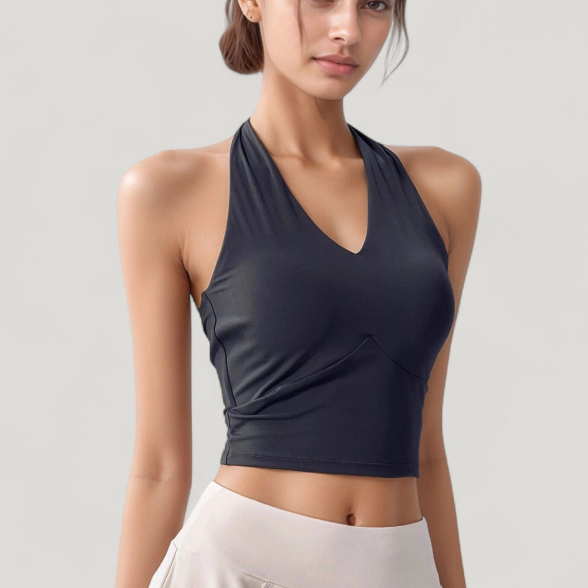 Anna-Kaci Women's Halter Neck Fitted Crop Top with Soft Stretch Fabric and Contoured Waist