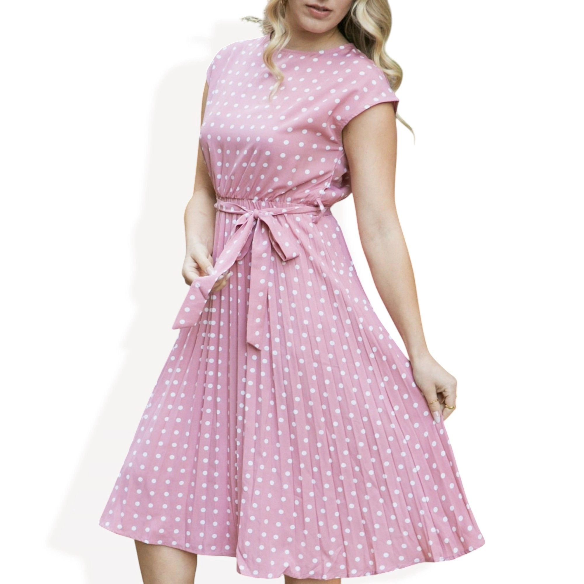Anna-Kaci Women's Polka Dot Midi Dress - Cap Sleeves, Pleated Skirt, Removable Waist Tie