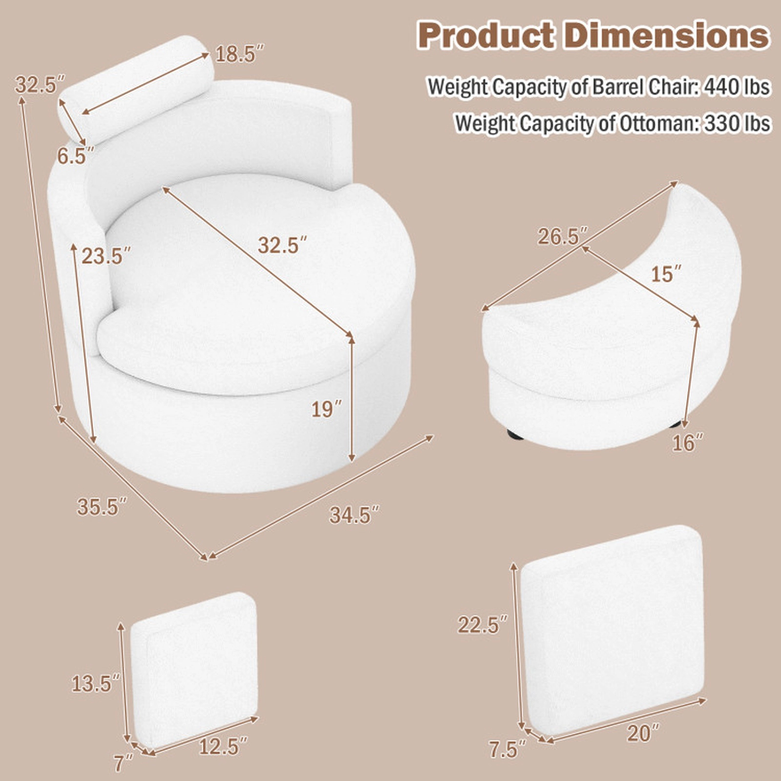 SUGIFT 360-Degree Swivel Storage Sherpa Accent Chair and Ottoman 35.5-in x 34.5-in x 32.5-in 440-lb Capacity White