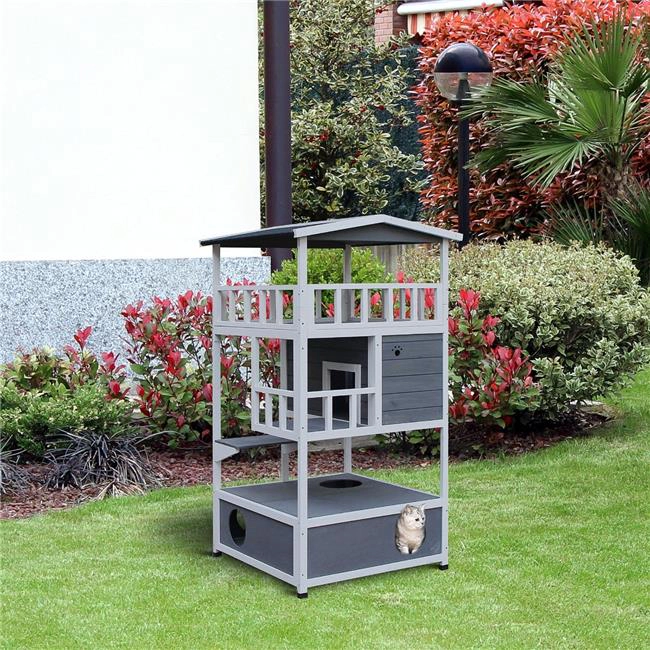 212 Main PawHut Wooden Outdoor Cat House & Feral Cat Shelter Kitten Tree with Asphalt Roof, Gray