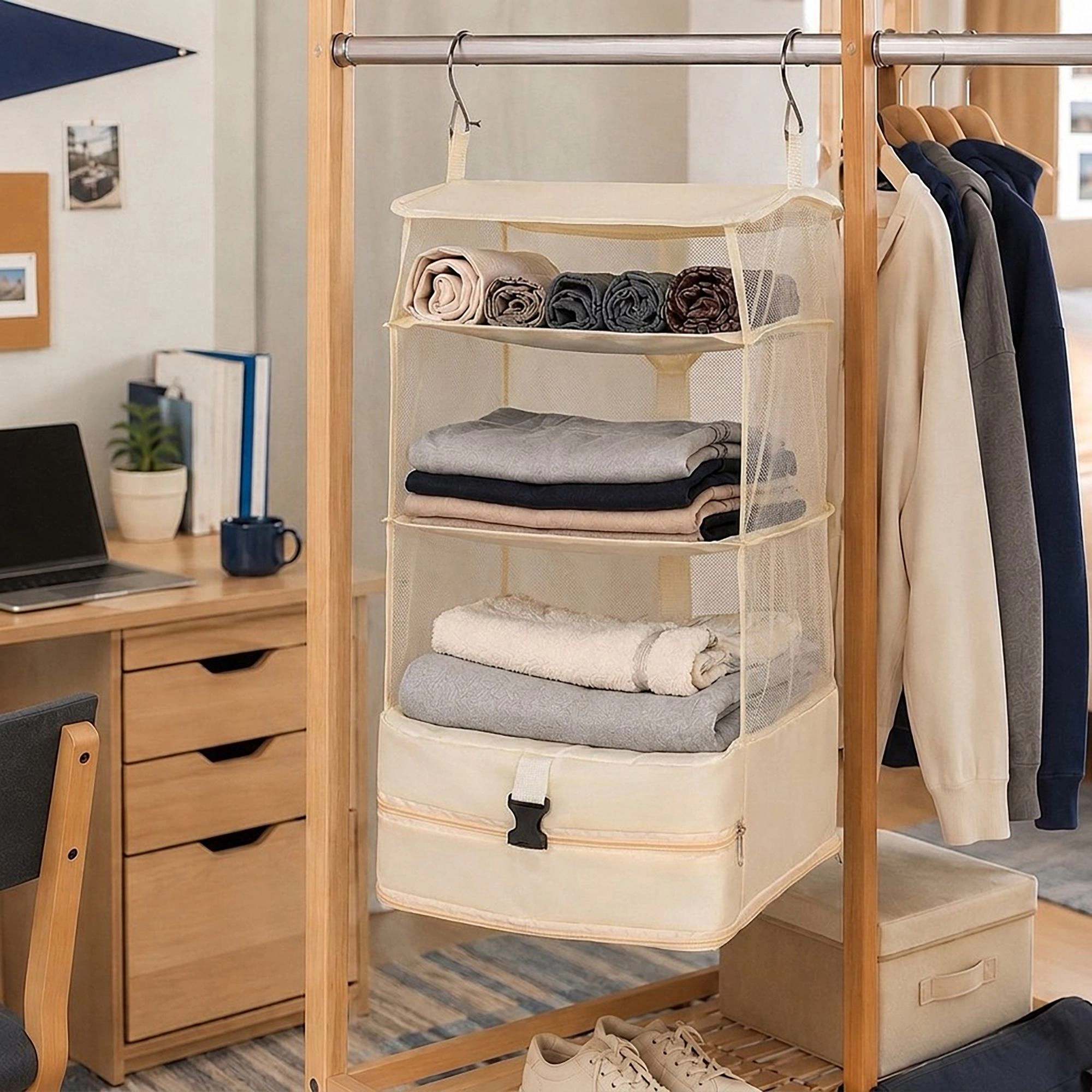 Alilang Unisex 3 Shelf Hanging Closet Organizer with Zipper Storage Compartment and Hooks