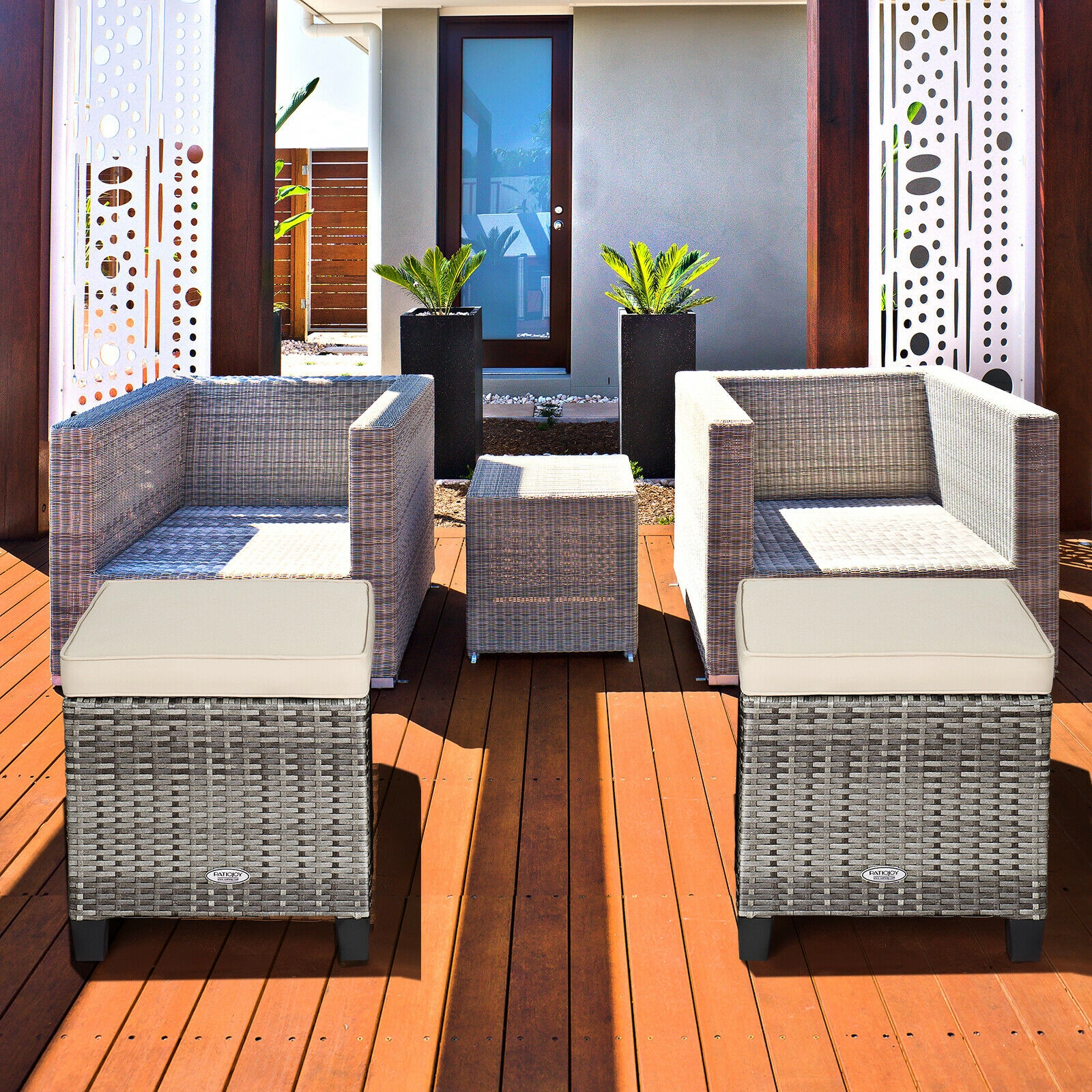 LJG 2 Pieces Patio Rattan Ottoman Seat with Removable Cushions