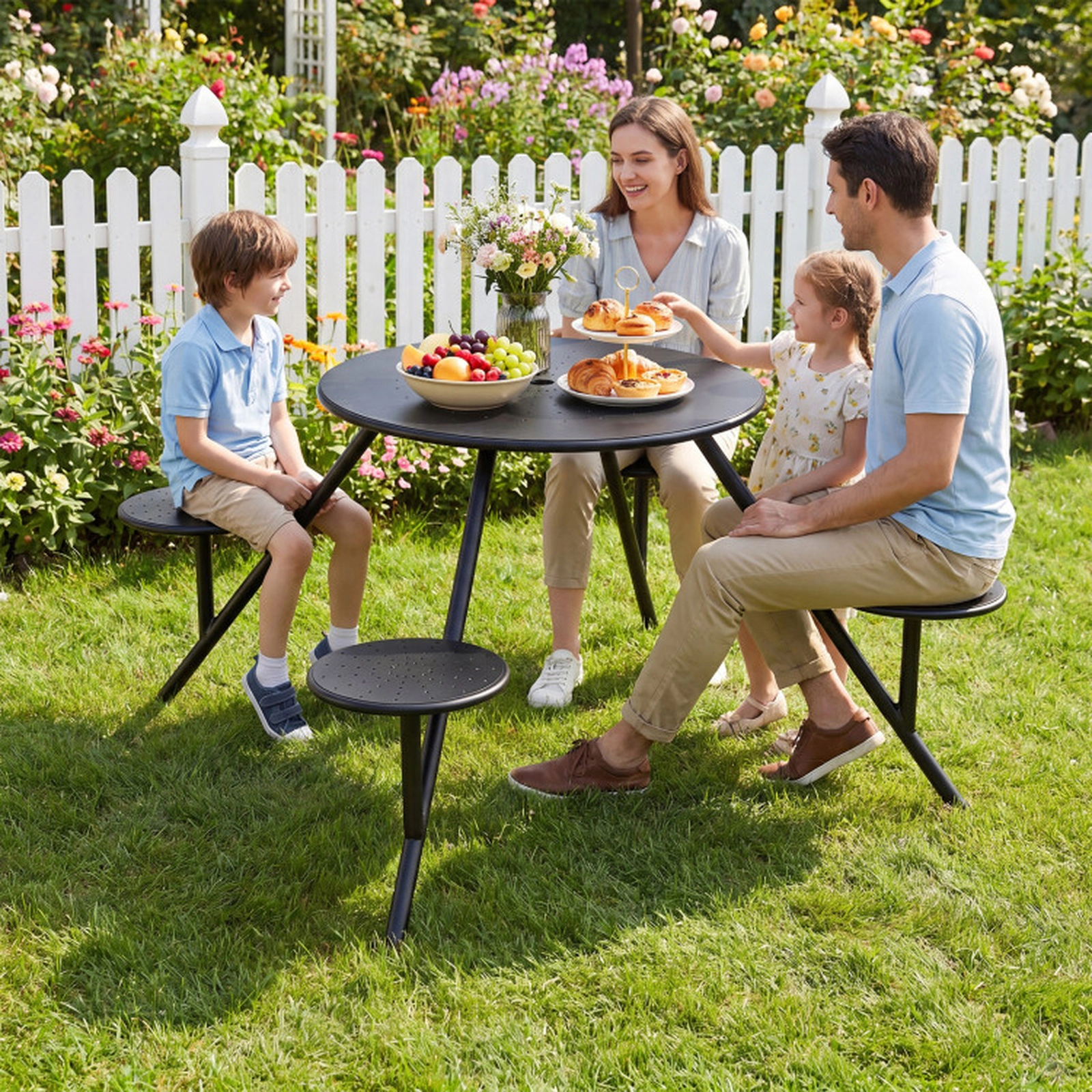 SUGIFT Round Galvanized Iron Picnic Table for 4 with 31.5-in Top 180-lb Table 330-lb Seats Umbrella Hole Black