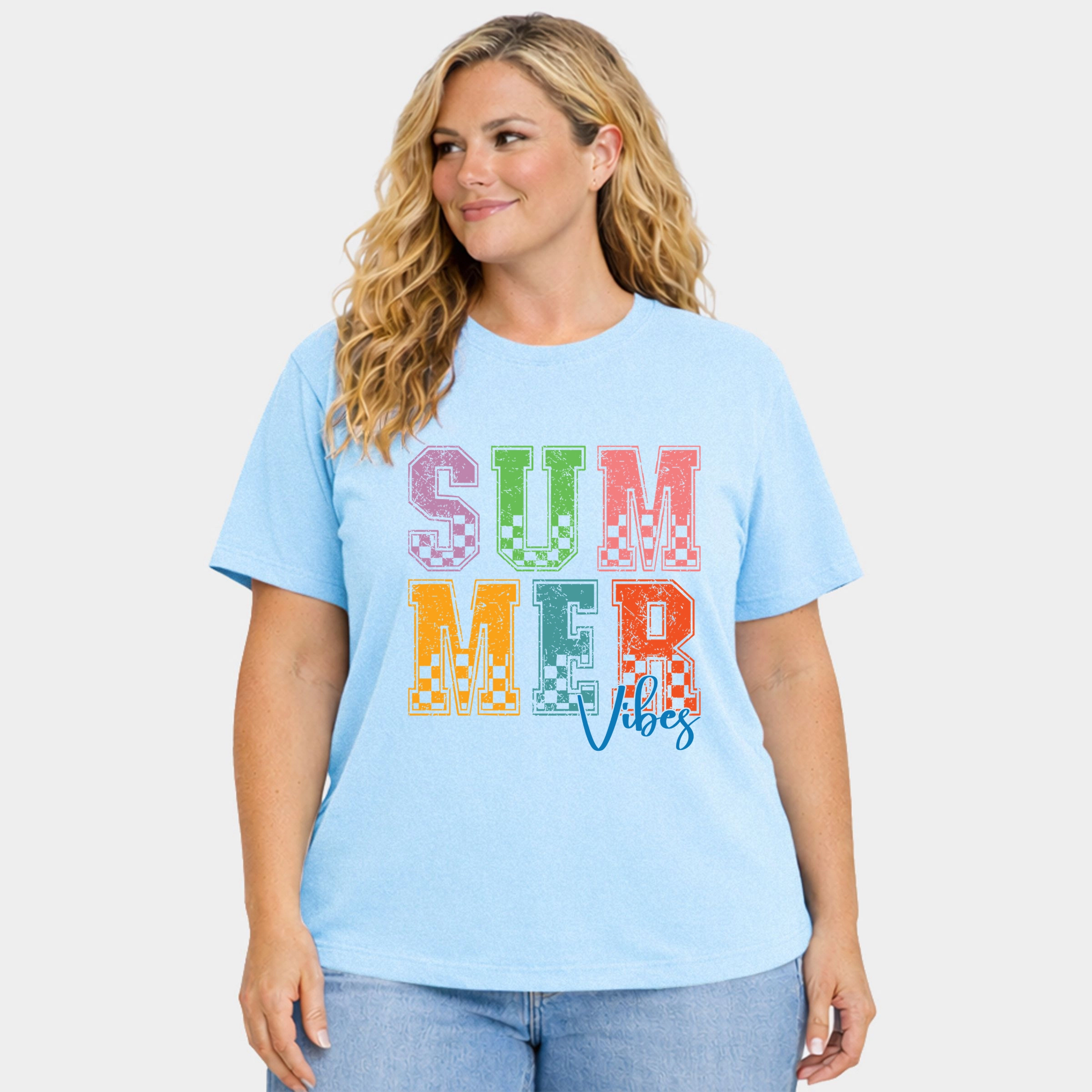 Simply Sage Market - Summer Vibes Checkered Women's Plus Sized Garment Dyed Graphic T-Shirt