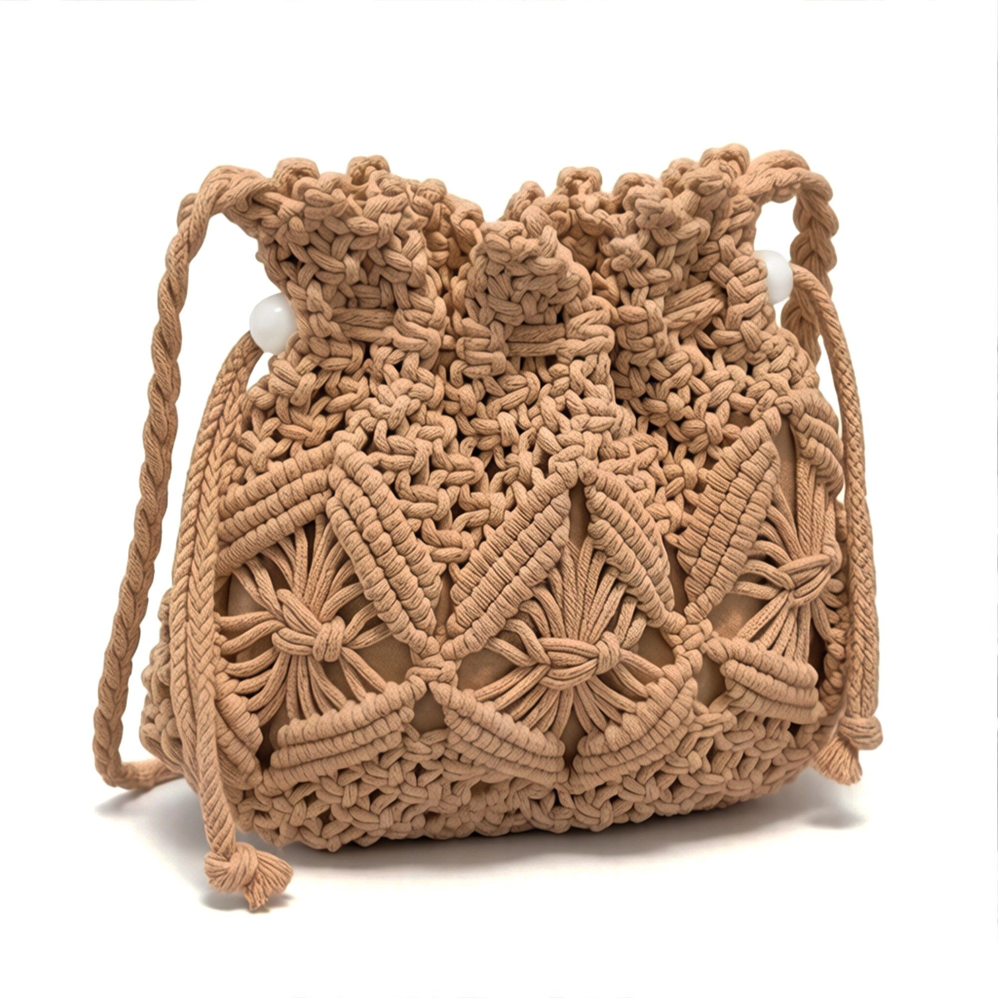 Alilang Women's Macrame Bucket Bag Knotted Rope Handbag Drawstring Shoulder Textured Woven Crossbody Style Purse