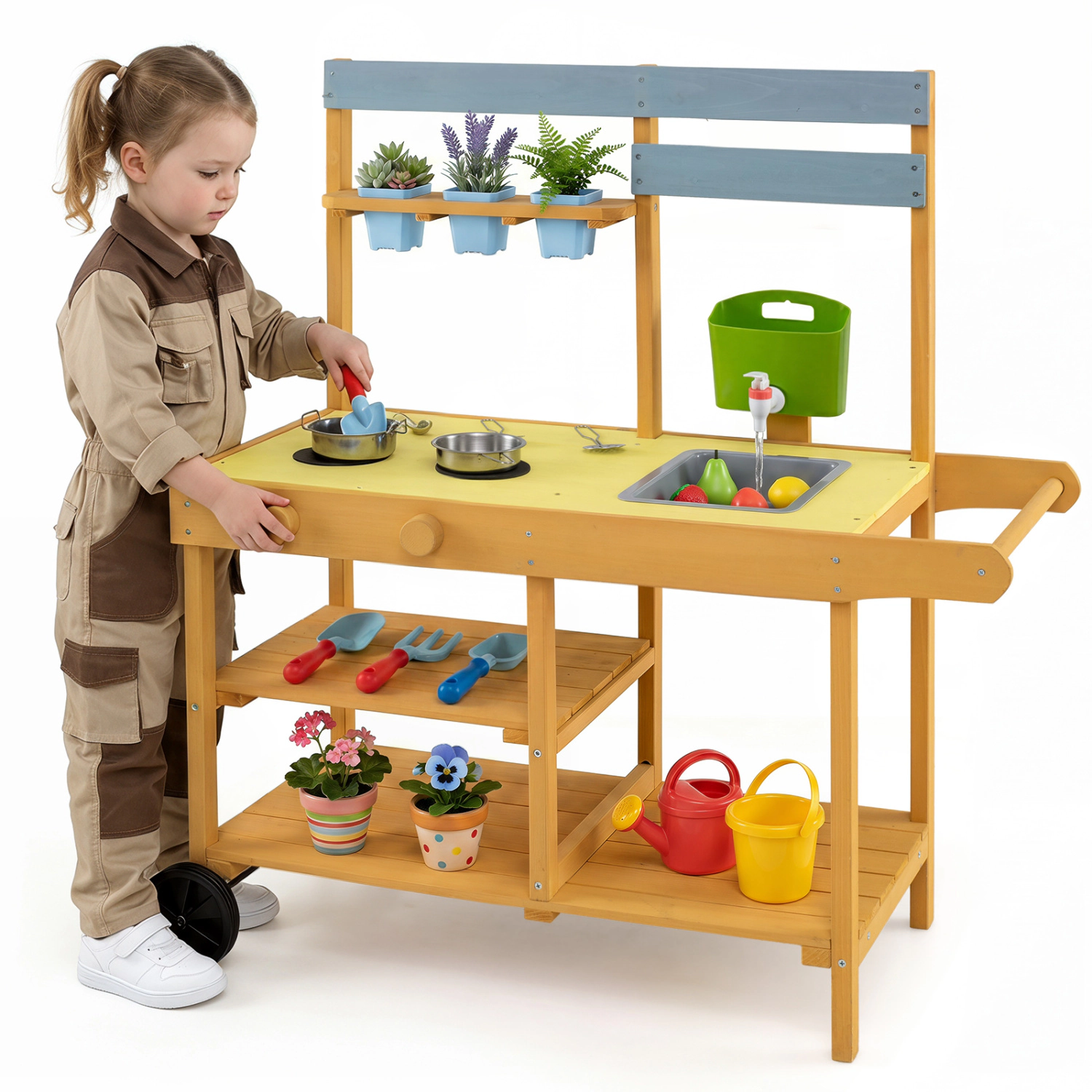 LJG Wooden Outdoor Mud Kitchen for Kids with Flowerpots and Wheels