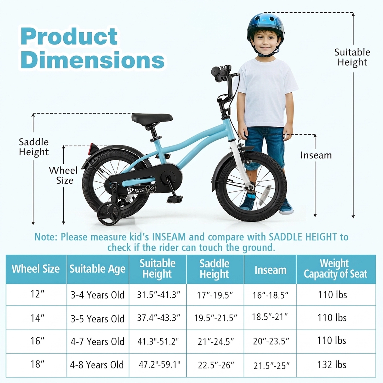 SUGIFT Adjustable Kids Bicycle with Training Wheels 110-lb Seat Capacity Ages 3-5 Blue 14-in Wheels Dual Brake System