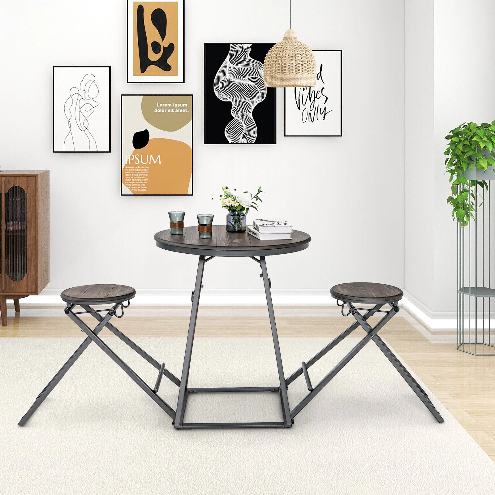 LJG 3 Pieces Dining Table Set with 2 Foldable Stools for Small Space
