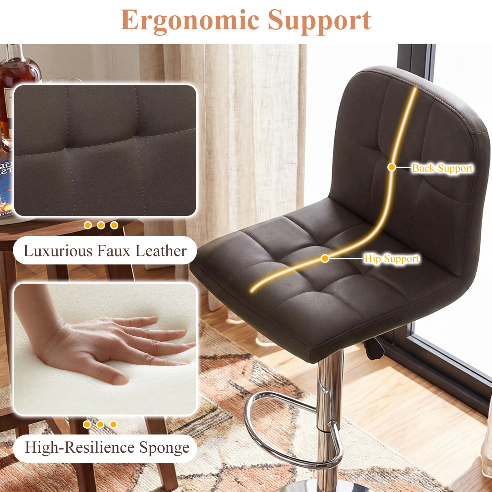 SUGIFT Faux Leather Seat and Silver Base Set of 2 Brown Adjustable Swivel Bar Stools