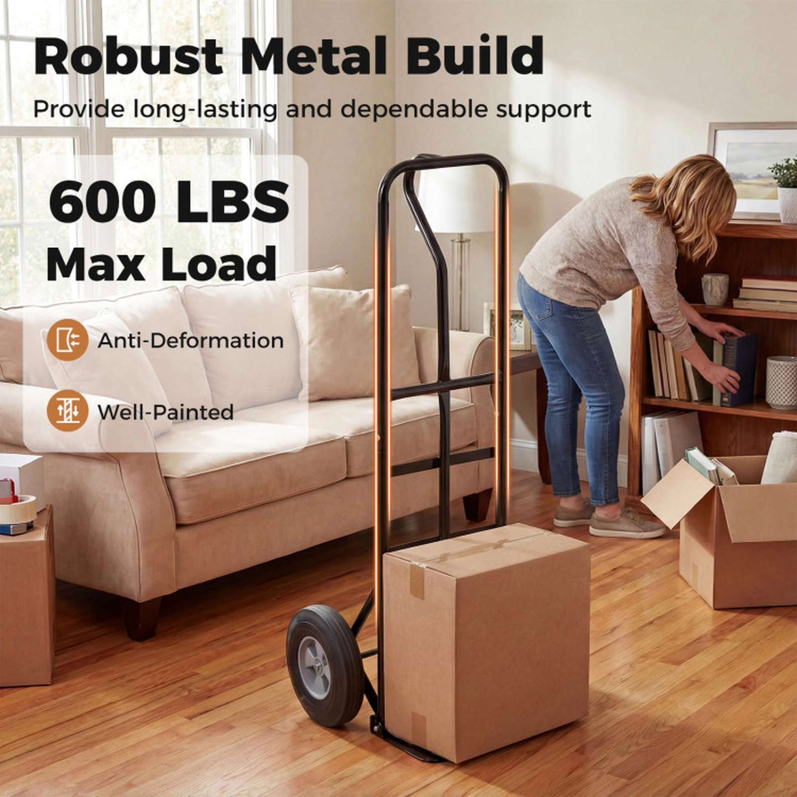 SUGIFT 600-lb Capacity P-Handle Metal Hand Truck Dolly with 10-in Rubber Wheels and Folding Base Plate