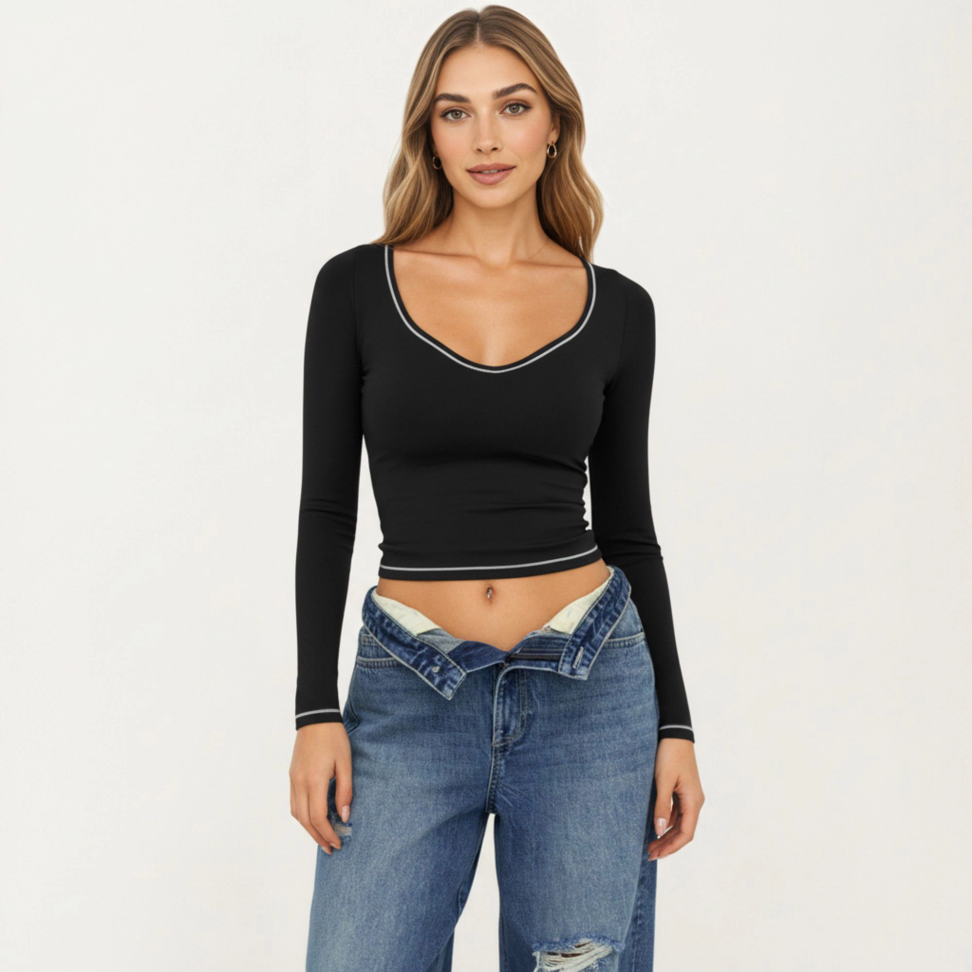 Anna-Kaci Women's Long Sleeve Cropped Top with V Neckline Contrast Trim and Smooth Stretch Fit