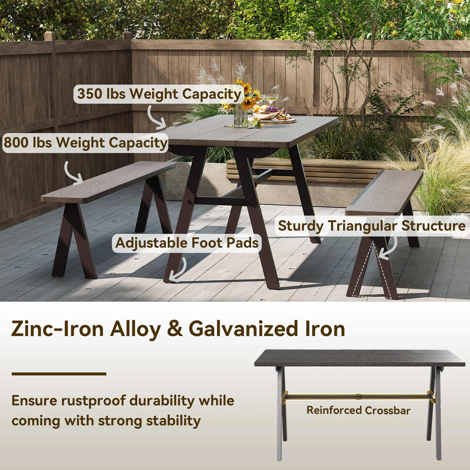 SUGIFT Outdoor Dining Table for 6 with 59-in Top 1.93-in Umbrella Hole 350-lb Capacity 53-lb Net Weight Dark Brown