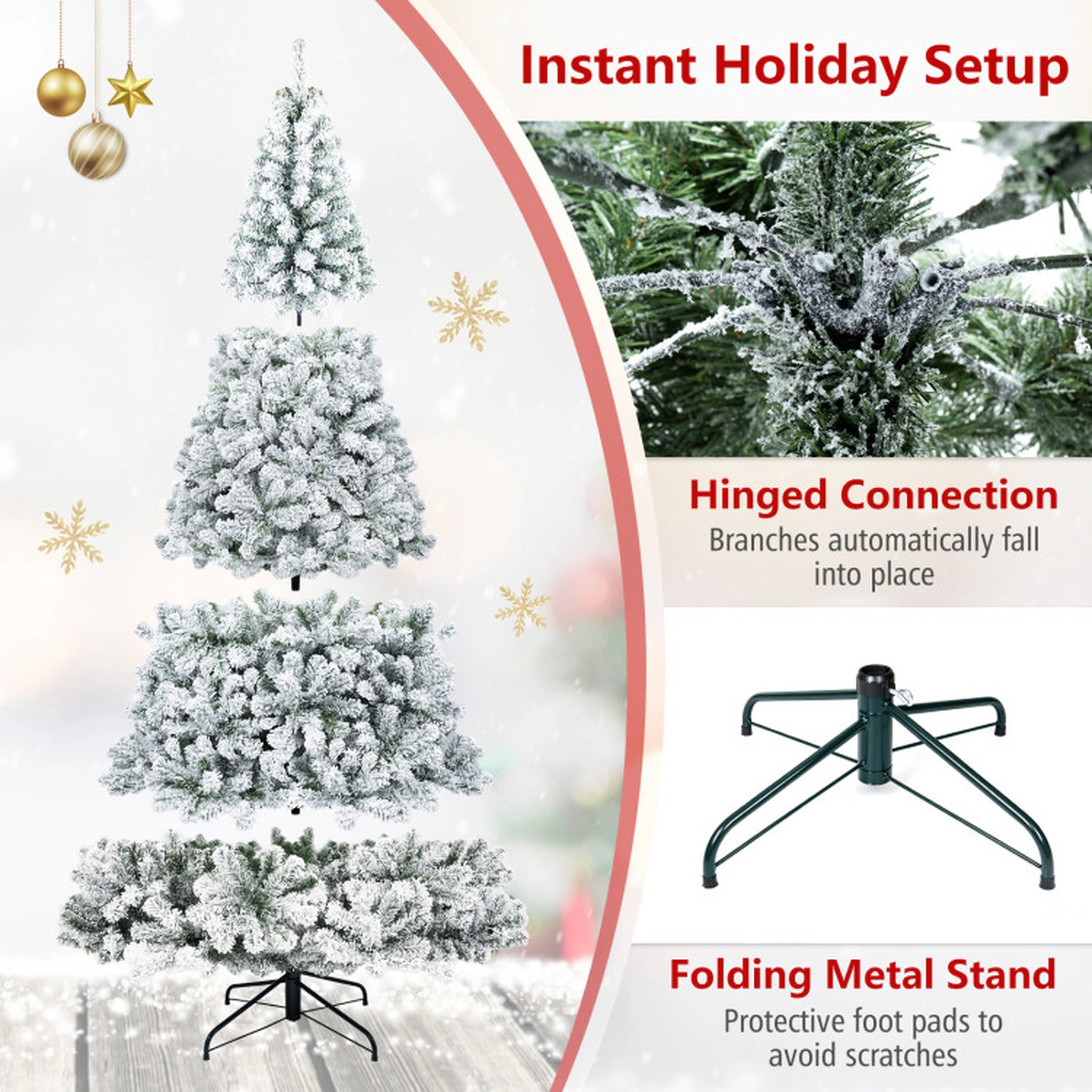 SUGIFT Snow-Flocked Artificial Spruce Christmas Tree 9-ft Tall with 1498 Branch Tips Hinged Design White & Green