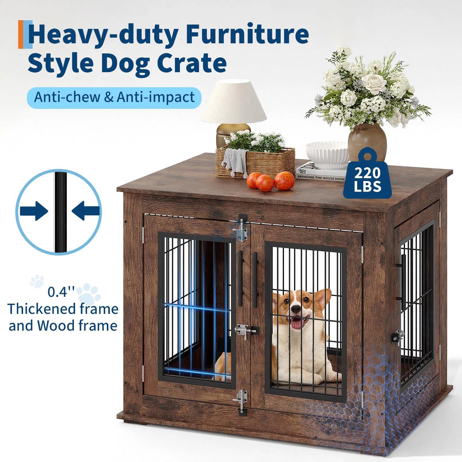 31.5" Wooden Dog Crate Furniture, Heavy Duty Chew-Resistant Indoor Kennel, Decorative End Table for Small/Medium Dogs