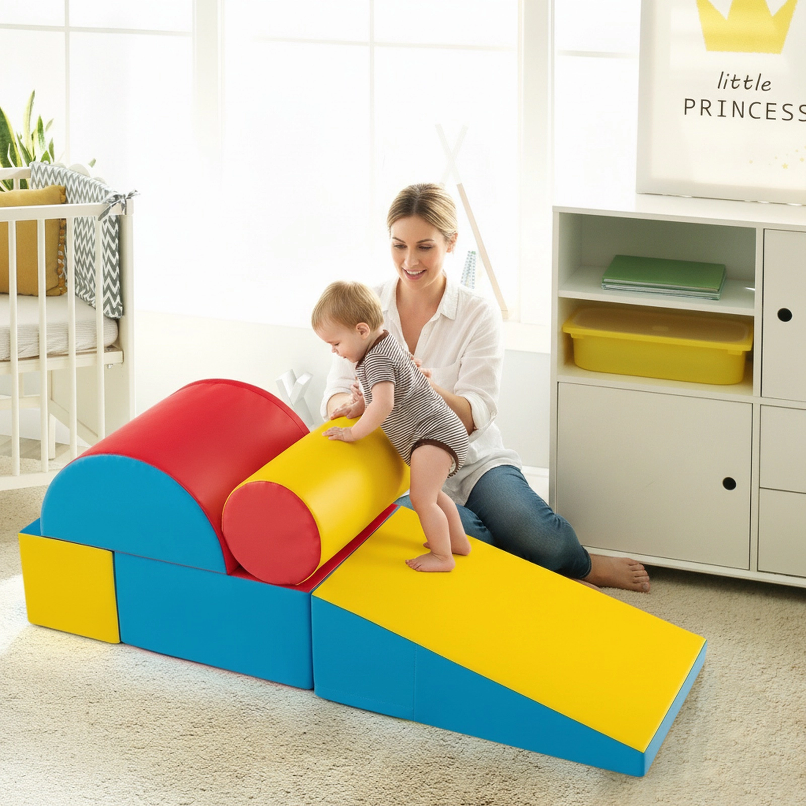 5-Piece Toddler Climbing Toys Indoor Foam Play Gym Climber Set Soft Crawl Course Zippered PU Covers Red